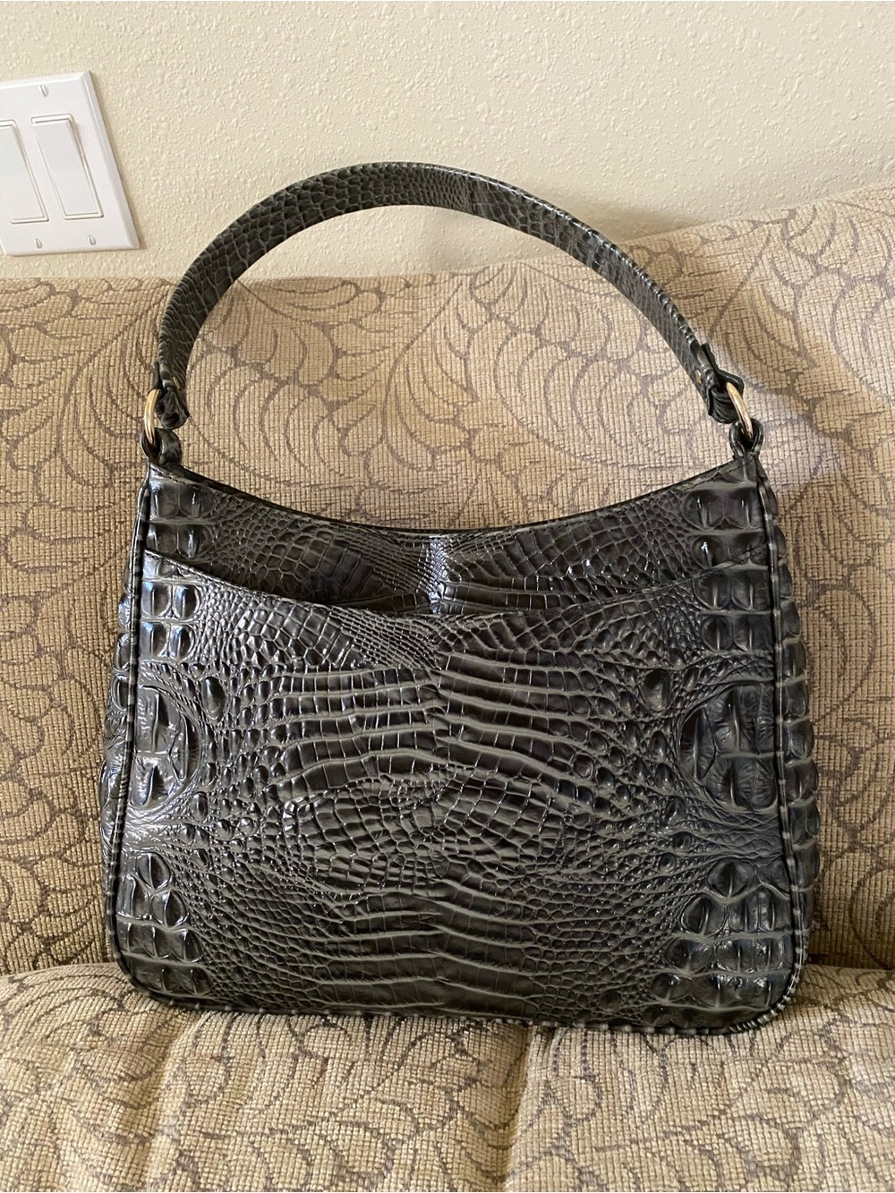 Black Croc-Embossed Shoulder Bag